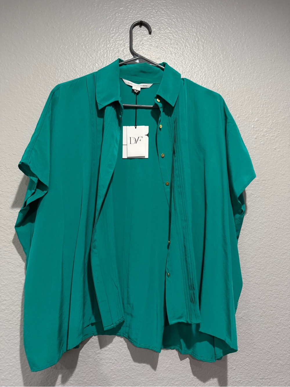 Diane Von Furstenberg 100% Sill Teal Short-Sleeve Button Blouse Women S